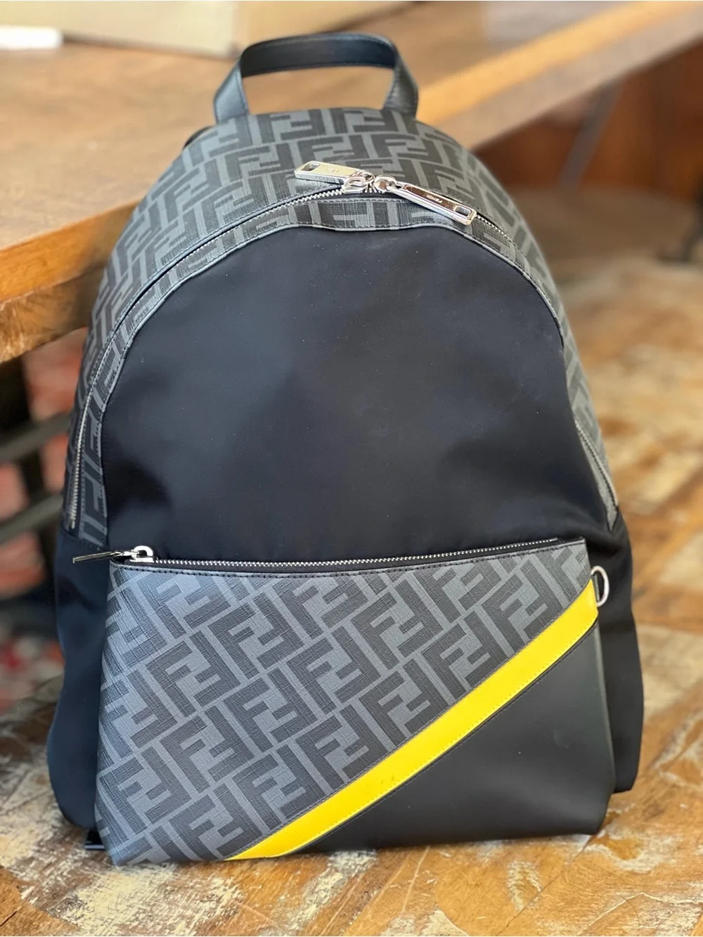 Fendi Men's Black & Gray Patterned Backpack with Yellow Accent